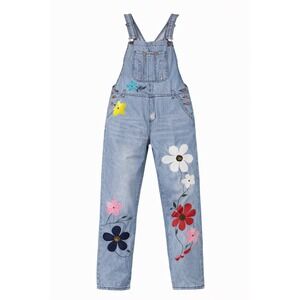 Boho Cottagecore Floral Embroidered Denim Overalls Festival Y2K Artsy
